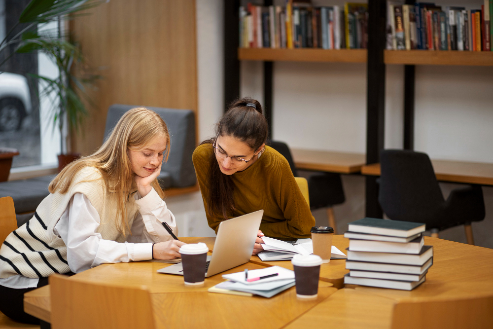 Two students studying together at a laptop